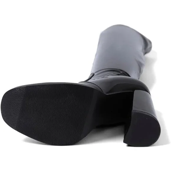 Women's Black Thigh High Over The Knee Leather Heels Long Sexy Round Toe Boots - Picture 6 of 6